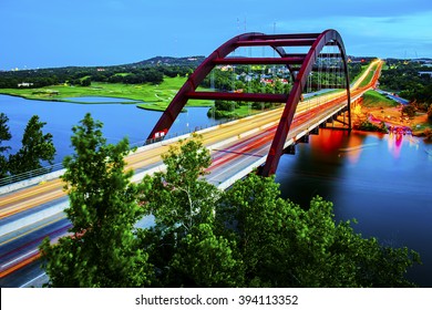 Timelapse Lights Texas Landmark Pennybacker Bridge Austin TX Colorado River During Spring Time Colorful Lights And Brake Lights Driving Across Texas