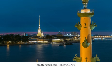 Timelapse showcasing the front view of the iconic Rostral Column, Peter and Paul Cathedral, and the Neva River main attractions of Saint-Petersburg. Captured from a rooftop. Saint-Petersburg, Russia
