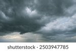 Timelapse. Sky before storm. Stormy cloudy sky wide panorama. Storm cloudy dramatic sky with dark rain grey cumulus cloud and blue sky.