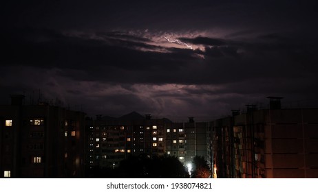 Timelapse. Thunderstorm Clouds. Night Stormy Sky Above City. Set Of Beautiful Lightning Strikes.