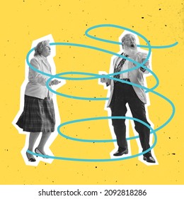 Timeless Dance. Couple Of Dancers Dressed In 70s, 80s Fashion Style Dancing Rock-and-roll On Blue Background With Drawings. Contemporary Art Collage. Minimalism. Art, Fashion And Music. Magazine Style