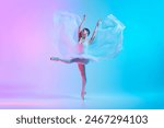Timeless grace. ballet dancer in white tutu dancing with white flowing fabric in neon light against vivid gradient background. Concept of art, movement, classical and modern fusion, beauty and fashion