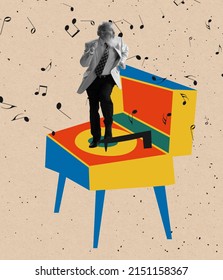 Timeless Music. Senior Man Dressed In 70s, 80s Fashion Style Dancing Retro Dance On Drawn Vintage Gramophone On Light Background. Contemporary Art Collage. Minimalism. Art, Fashion And Music.