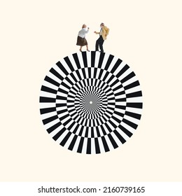 Timeless retro dance. Contemporary art collage. Happy elderly couple of dancers dancing on huge circle with optical illusion pattern, design. Concept of creativity, love, imagination, relationship