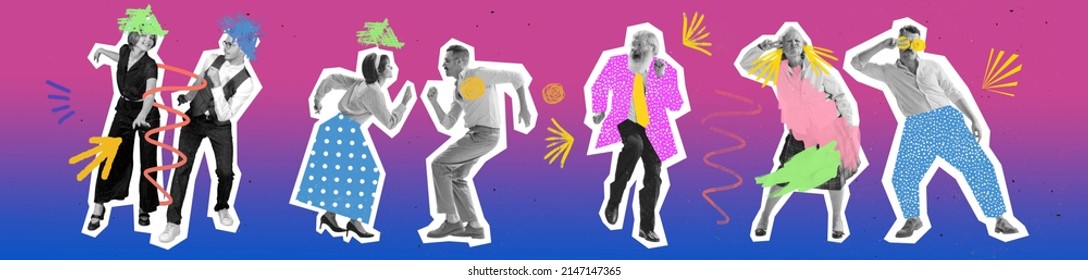 Timeless rock-and-roll. Contemporary art collage. Dancing couples in retro 70s, 80s styled clothes over bright background with drawings. Concept of art, music, fashion, party, creativity. Flyer - Powered by Shutterstock