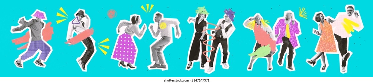 Timeless rock-and-roll. Contemporary art collage. Dancing couples in retro 70s, 80s styled clothes over bright background with drawings. Concept of art, music, fashion, party, creativity. Flyer - Shutterstock ID 2147147371