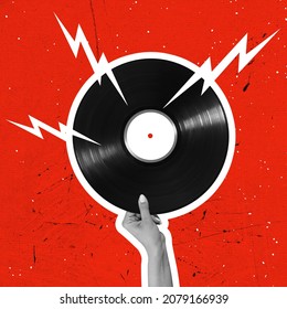 Timelsess music. Composition with retro vinyl record isolated on bright background. Conceptual, contemporary art collage. Retro styled, surrealism, fashionable. Idea, aspiration, comparison of eras - Shutterstock ID 2079166939