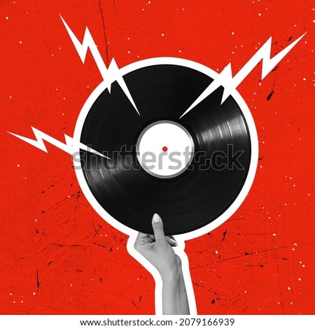 Timelsess music. Composition with retro vinyl record isolated on bright background. Conceptual, contemporary art collage. Retro styled, surrealism, fashionable. Idea, aspiration, comparison of eras