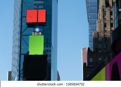 Times Square, New York City/USA - Ball Drop In Midtown Manhattan With Empty Billboards And Neon Screens.