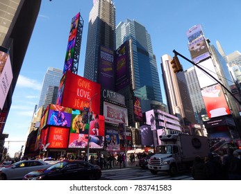 Times Square, New York - November 25 2017: Daytime View Of Times Square From A Pedestrian Crossing.