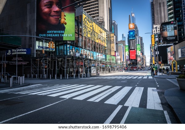 Times Square, New\
York, USA. March 24th, 2020.\
\
Documentary photography of the\
empty streets in Times Square, New York during the lockdown caused\
by the Covid 19 / Corona virus.\
