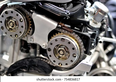 Timing chain on a gears from a car engine.