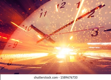 Timing Fast Speed Car Acceleration Drive Overlay With Clock Face For Background.