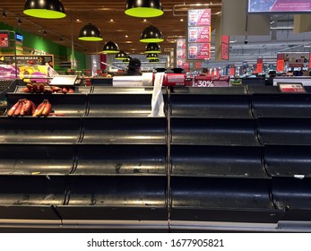 TIMISOARA, ROMANIA - MARCH 10, 2020: Empty Produce Section In A Kaufland Supermarket Following Alarming News Reports On The Coronavirus Epidemic. 