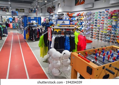 Timisoara, Romania, May 21: sports clothing in InterSport store, Timisoara, Romania. Shot taken on May 21st 2014