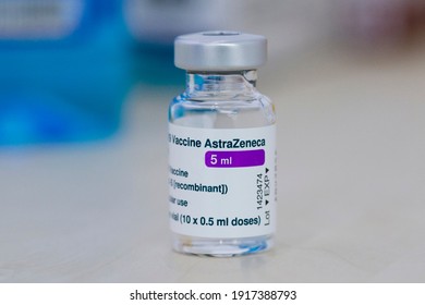 Timisoara, Timis, Romania - 2 15 2021: Selective focus on anti COVID-19 vaccine vial produced by AstraZeneca