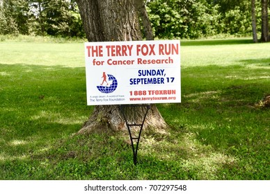 Timmins, Canada - August 26, 2017: Sign Of The Terry Fox Run For Cancer Research Posted In Mountjoy Historical Conservation Area Park In Timmins, Ontario.