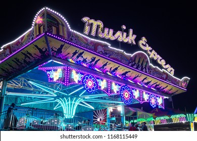 Timonium, Maryland / USA - August 28 2018: Musik Express Ride At The Maryland State Fair At Night