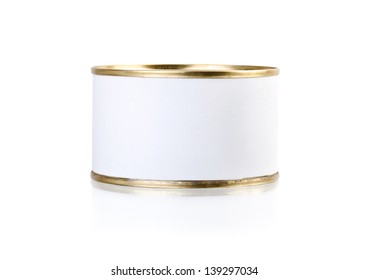 Tin Can With Blank White Label Isolated On White