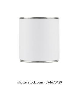 Tin Can With Blank White Label Isolated On White Background