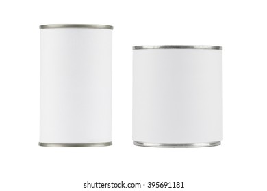 Tin Can With Blank White Label Isolated On White Background