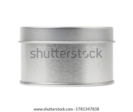 tin can with closed round lid and realistic shiny silver texture  isolated on white background. with clipping path.