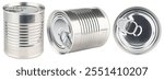 Tin Can. Food sealed can. Steel and tin cans. Canned food. Metal container. Preserving can. Conserved product. Condensed milk, soup, fish, drink. Food Store. Object on isolated background