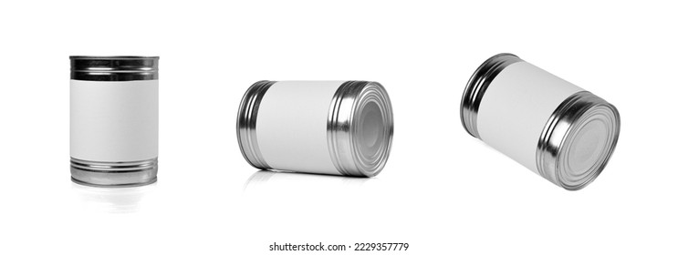 Tin Can Isolated, Preserve Template Mockup with Blank Label, Metal Milk Package, Aluminum Cylindrical Container, Tin Can on White Background