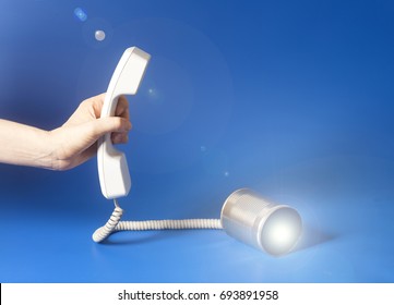 Tin Can Phone Handset Holding Hand