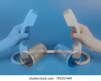 Tin Can Phone Handset Holding Hand On Blue