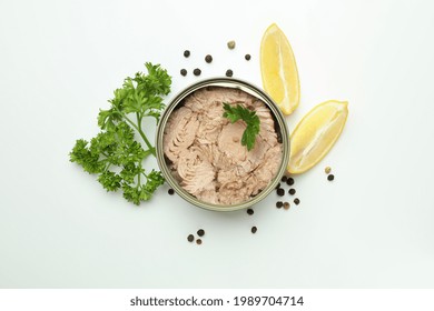 Tin With Canned Tuna On White Background