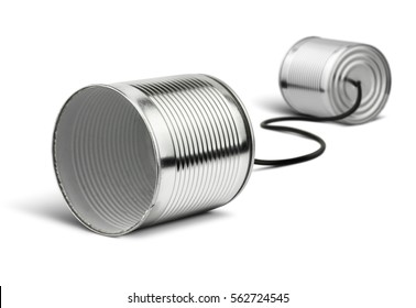 Tin cans telephone on white, global communication concept