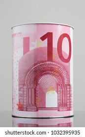 Tin Money Box Depicting The Symbol Of Ten Euros To Mean A Business Concept