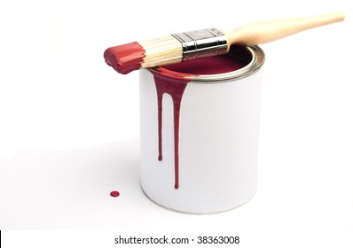 Tin Of Red Paint And Paint Brush