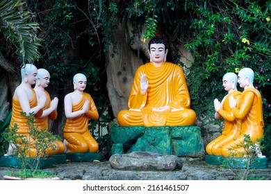 Tinh Quang Pagoda.  Shakyamuni Buddha Preaching The Sermon - The Wheel Of Law - To His Five Disciples. Dalat. Vietnam. 