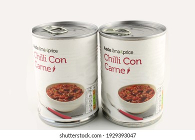 Tins Of Chilli Con Carne, Asda Own Brand Foods, Shopping On A Budget Concept. Lancashire, UK, 04-03-2021: 