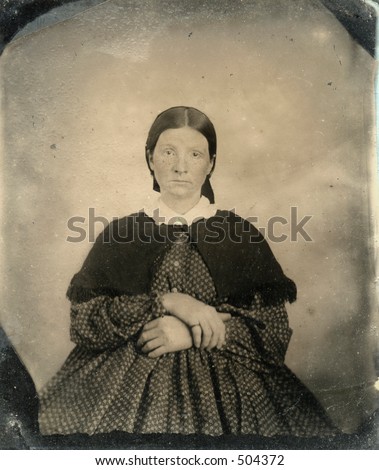 Tintype of woman in Civil War era. Mid 1800's. Looks pregnant. Lots of grunge and wear intact. With release.