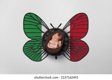 Tiny Baby Portrait With Wings In Color Of National Flag. Newborn Photography Concept. Italy