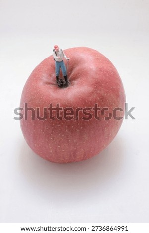 Tiny backpacked figurine surveys fruit textured curved top