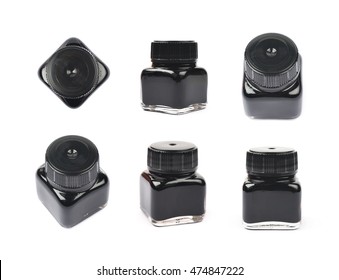 Tiny bottle filled with the black ink, composition isolated over the white background, set of six different foreshortenings