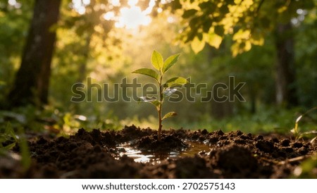 A tiny, bright green sapling is newly planted in dark soil, with a small pool of water around its base, illuminated by the warm, atmospheric sunlight filtering through the dense forest.