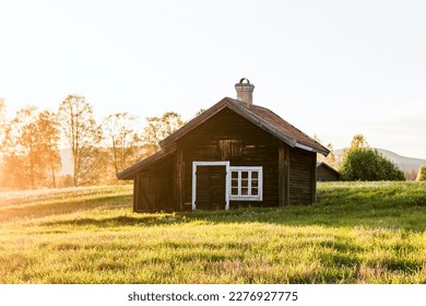 Tiny cabin on a field