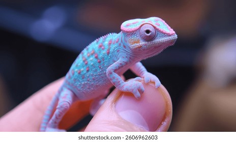 A tiny chameleon changing colors 