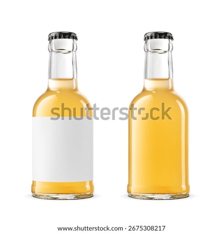 Tiny clear 200ml bottle with yellow soda soft drink isolated on white background.