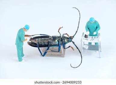 Tiny doctors in a conceptual scene perform an examination on a large, unfamiliar insect, symbolizing scientific exploration of something alien or unfamiliar.