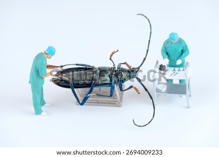 Tiny doctors in a conceptual scene perform an examination on a large, unfamiliar insect, symbolizing scientific exploration of something alien or unfamiliar.