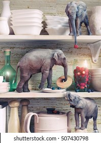 The tiny elephants opens the glass vase with berries. Photo combination concept