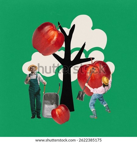 Tiny farmers interacting with giant apple tree against green background. Growing fruits. Contemporary art collage. Concept of harvest, gardening, farming, food production, surrealism