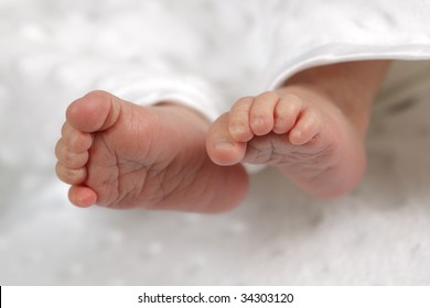 Tiny Feet Of A Newborn Baby With His Toes Curled Up