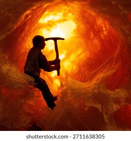 A tiny figure explores a bright cavern, wielding a pickaxe against a glowing backdrop.